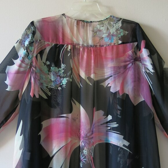 Vintage Status by Chenault Floral Roses Bohemian Chiffon Open Cardigan Sz. L - Picture 9 of 16